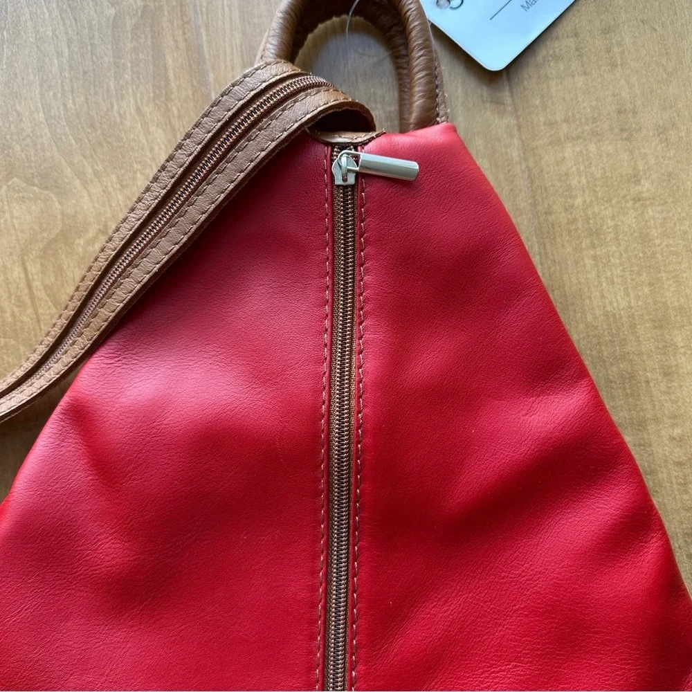Vera Pelle Genuine Soft Italian Leather Backpack/Rucksack Shoulder Bag, Red/Tan